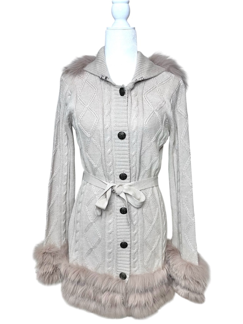 Vintage Y2K Alberto Makali Fur Trim Cable Knit Cardigan Fits Size Small Longline